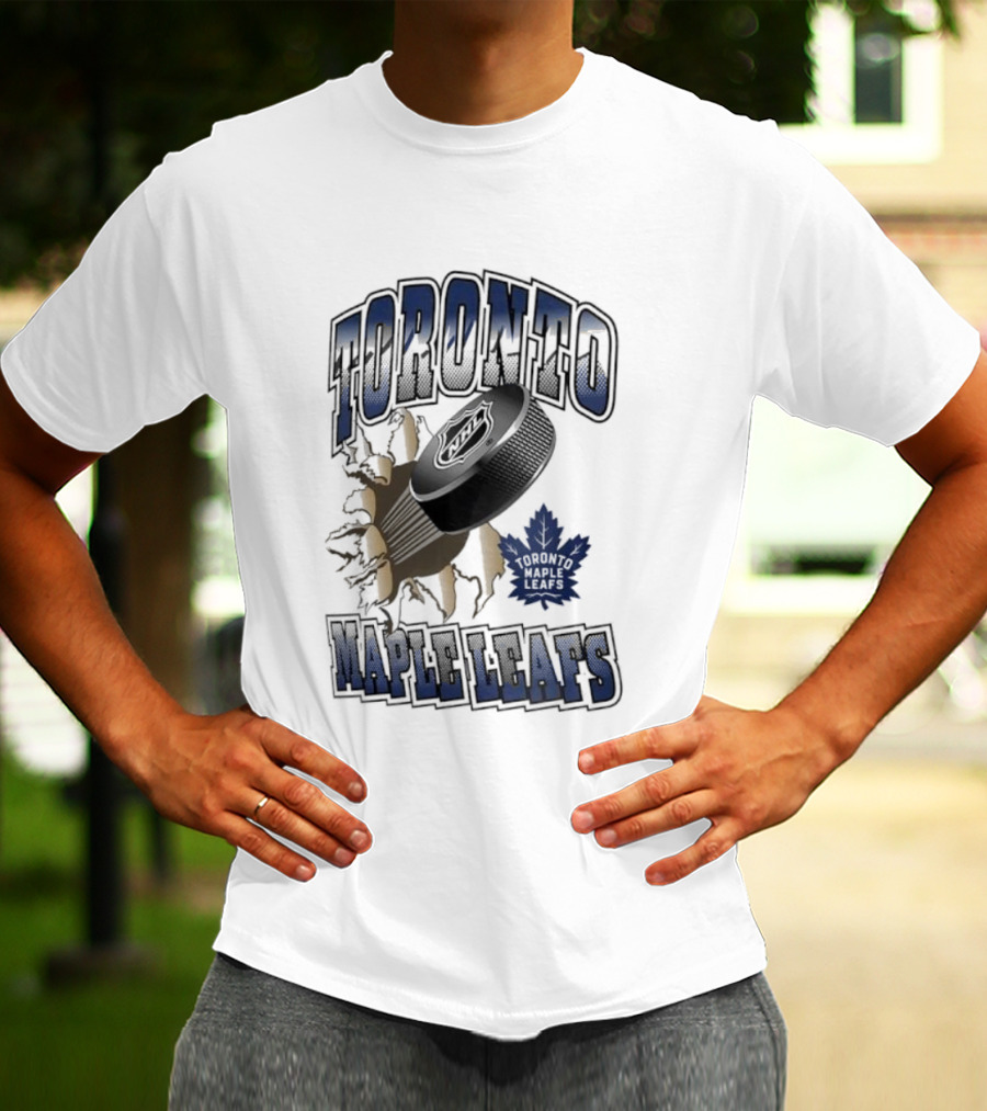Toronto Maple Leafs Puck Breaking Cracked Wall With Maple Leaf Emblem T-Shirt