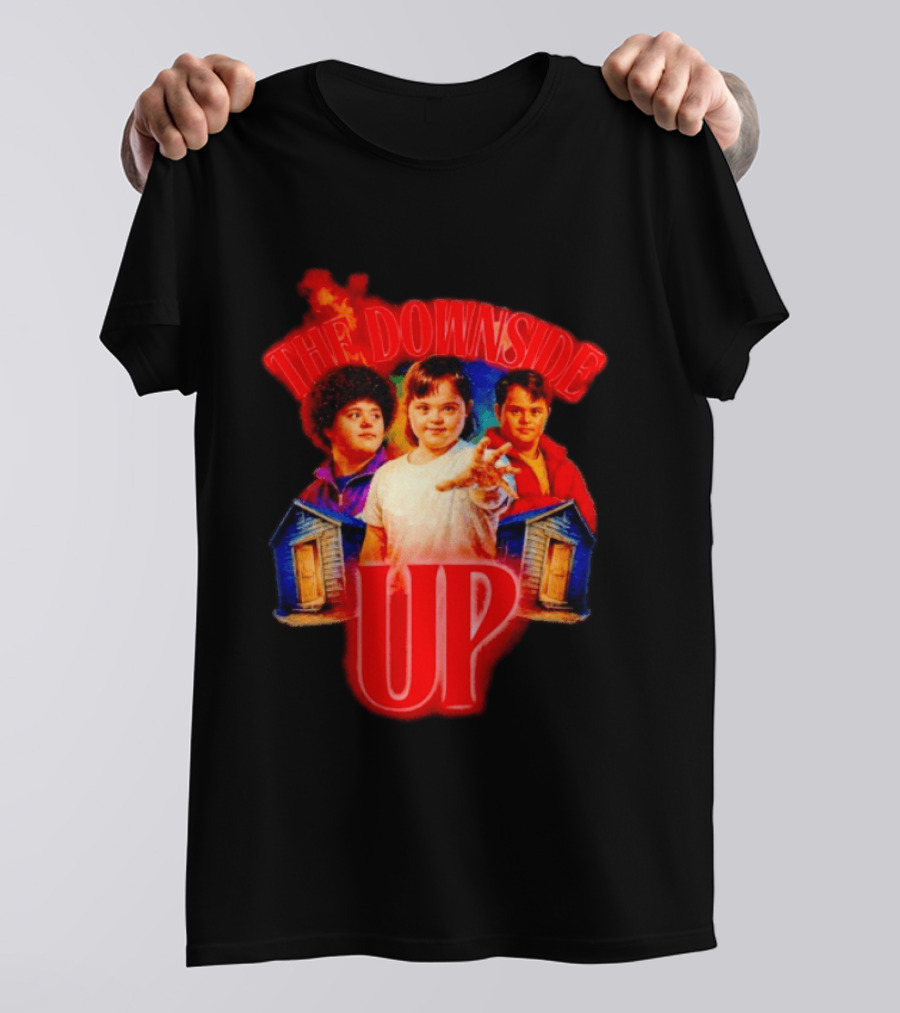 The Downside Up Stranger Things Meme Parody With Character Trio And Cabins T-Shirt