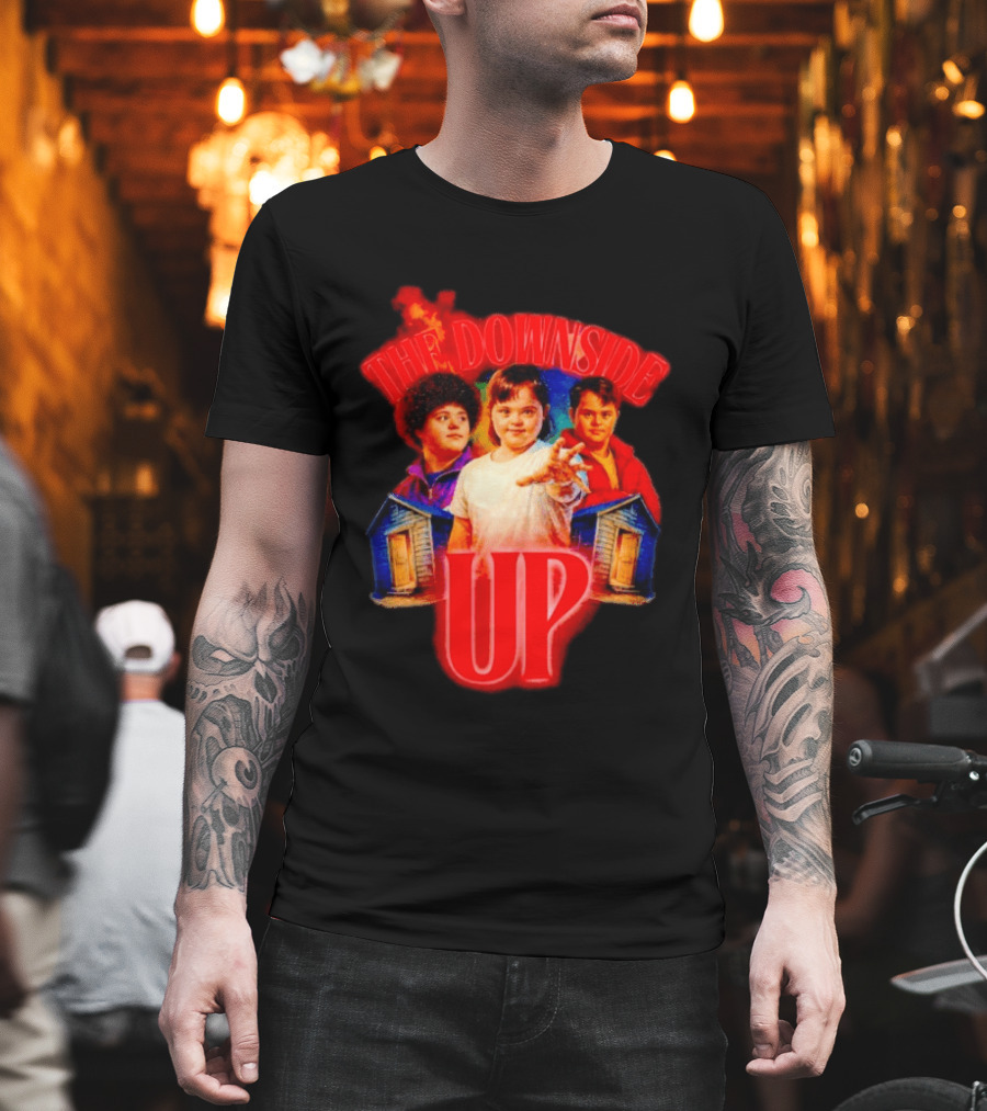 The Downside Up Stranger Things Meme Parody With Character Trio And Cabins T-Shirt