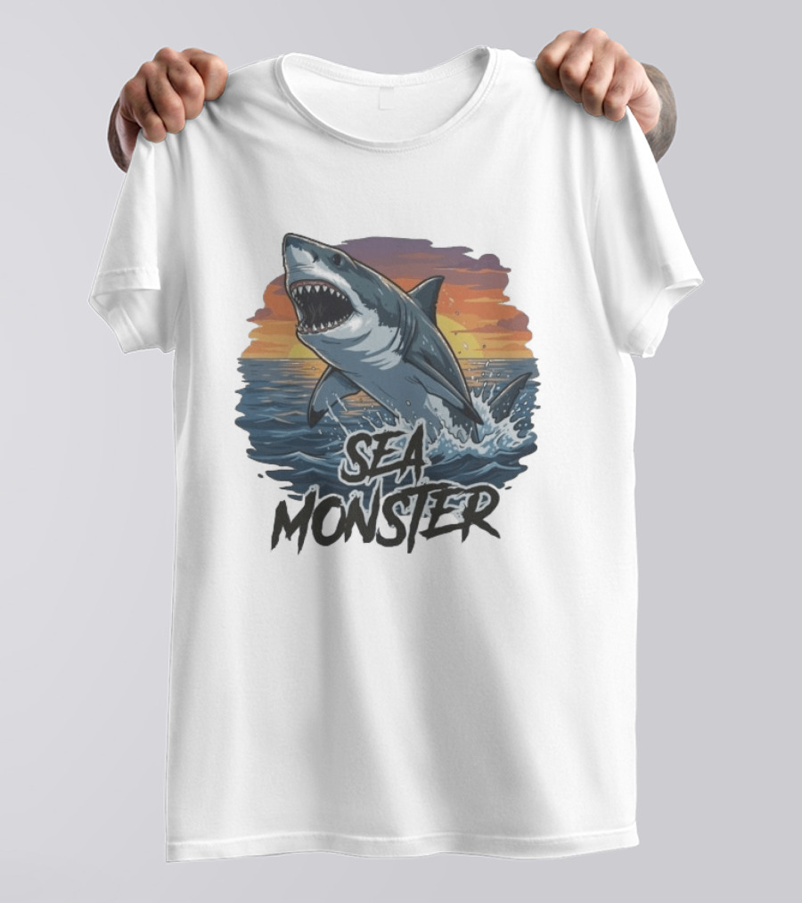 Rawwfishing Sea Monster Shark Sunset Ocean Scene T-Shirt