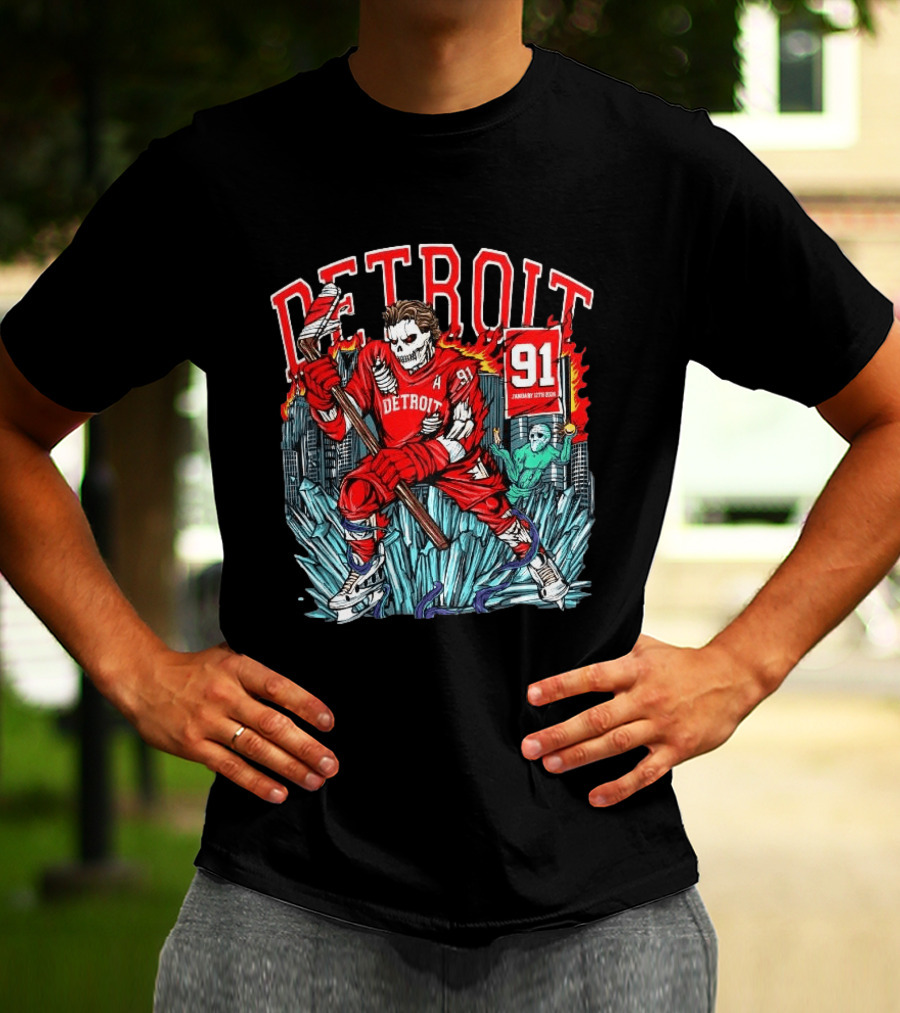 Detroit Red Wings Skeleton Hockey Player 91 January 17th 2026 T-Shirt
