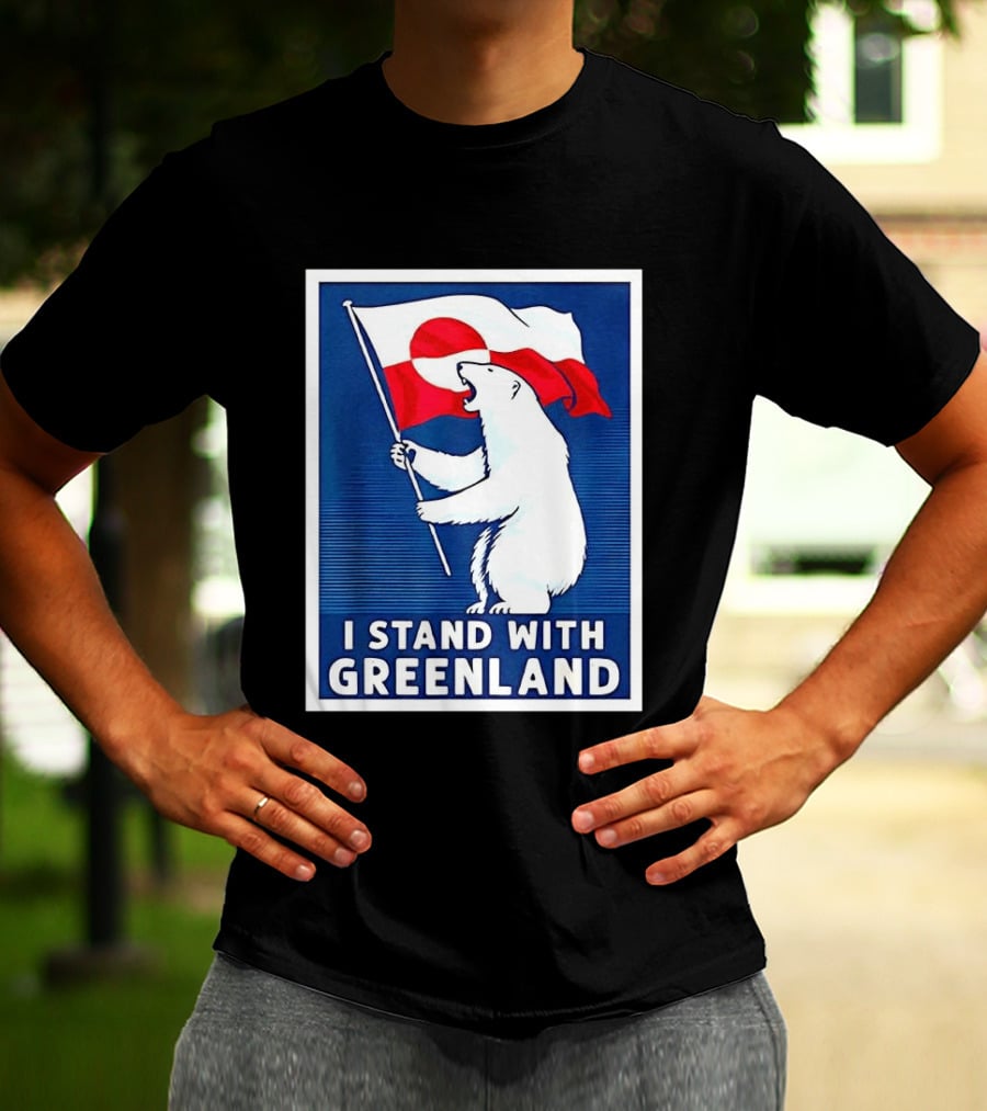 I Stand With Greenland Polar Bear Holding Flag Solidarity Banner T-Shirt