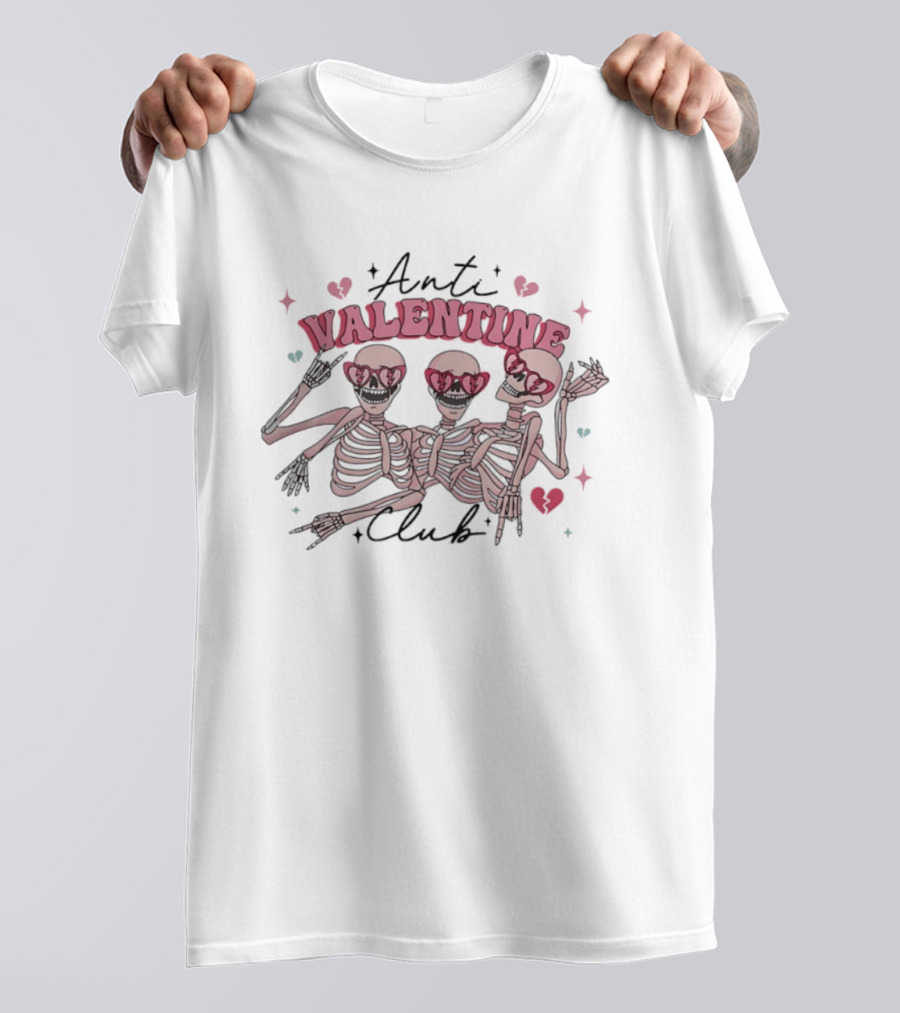 Anti Valentine Club Three Pink Skeletons Dancing Rock And Roll T-Shirt