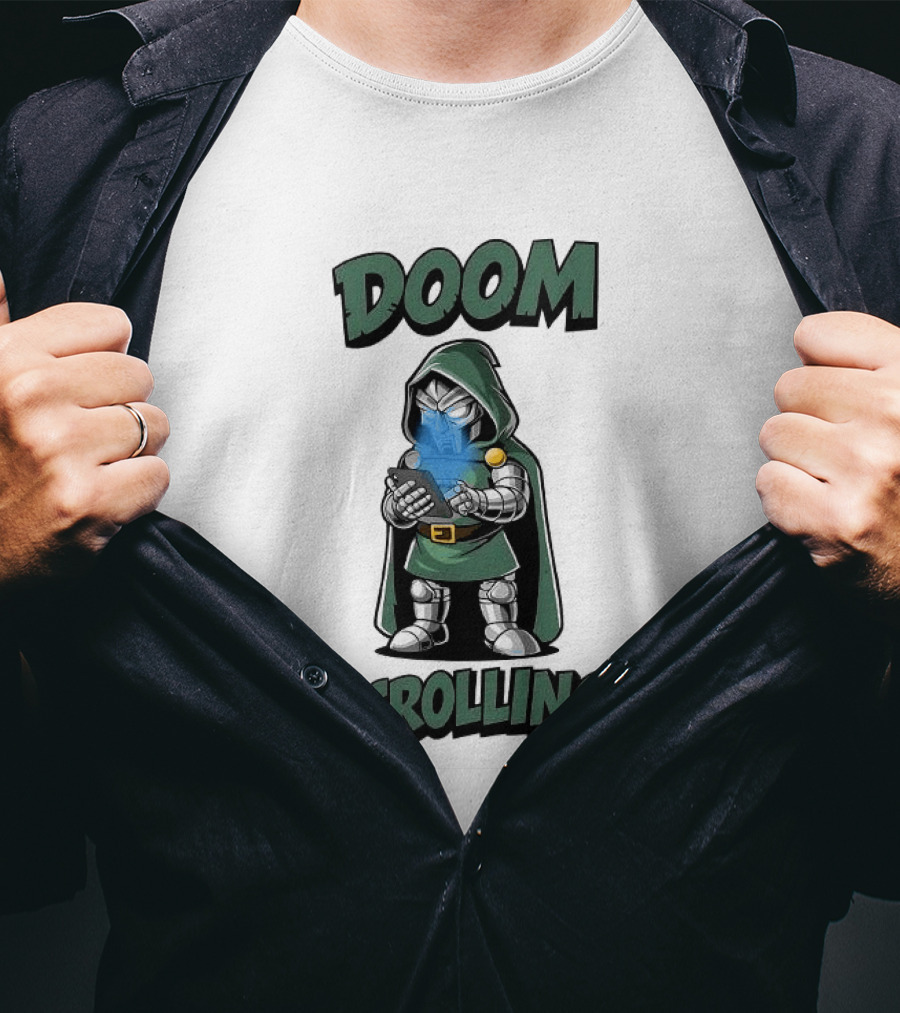 Doom Scrolling Dr Doom Comic Character With Phone T-Shirt