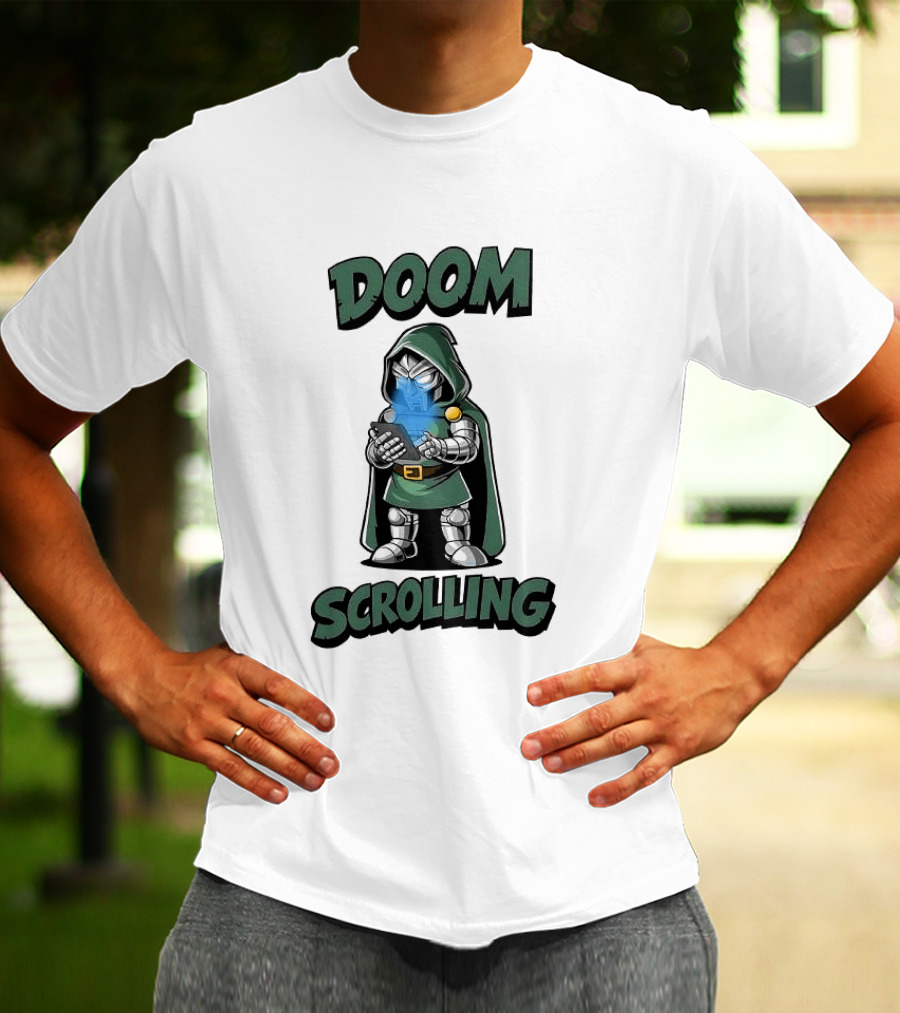 Doom Scrolling Dr Doom Comic Character With Phone T-Shirt