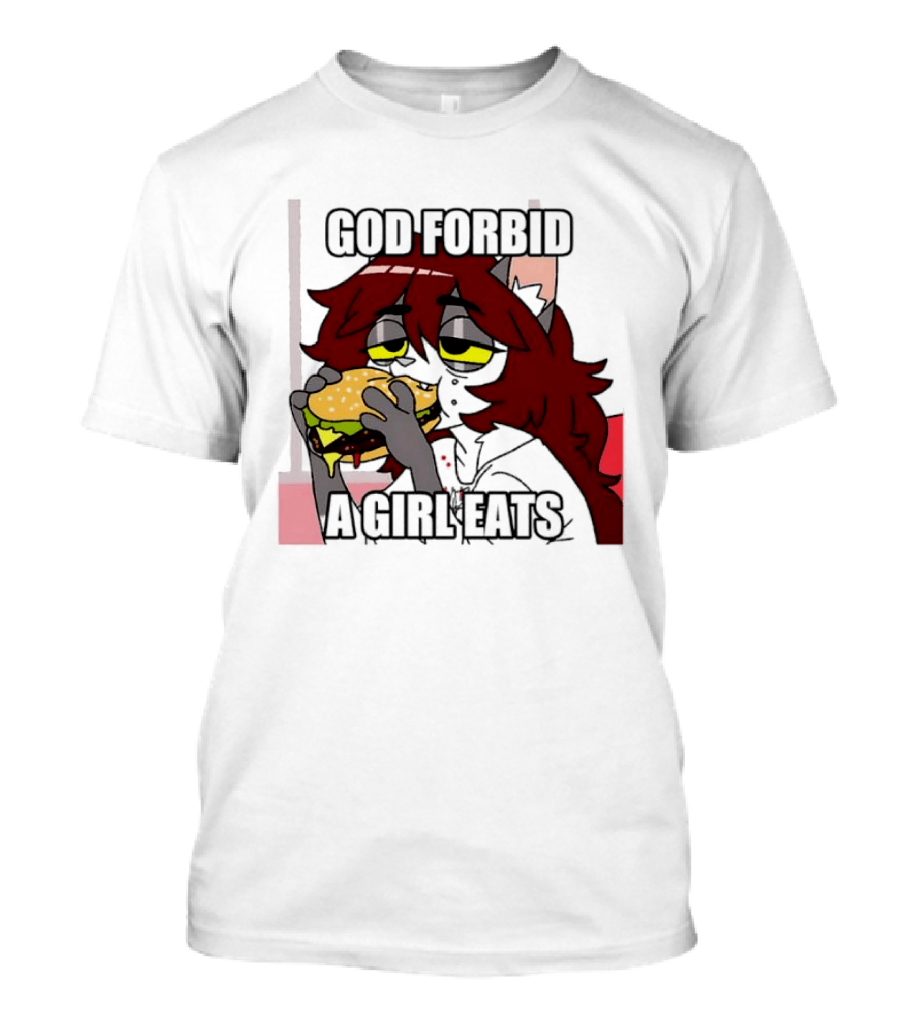God Forbid A Girl Eats Lazy Cartoon Character Eating Burger T-Shirt
