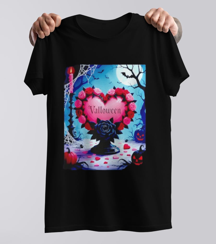 Valloween Romance And Menace Heart Rose Candle Moonlit Halloween T-Shirt