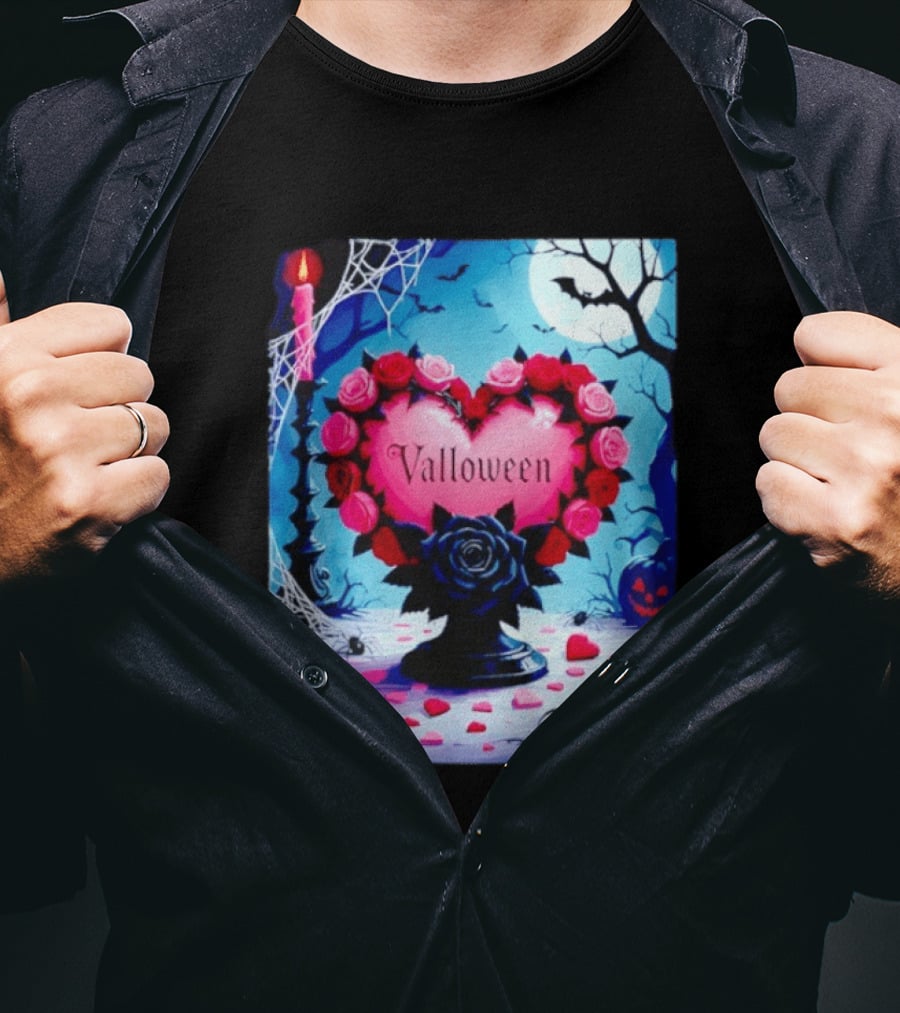 Valloween Romance And Menace Heart Rose Candle Moonlit Halloween T-Shirt