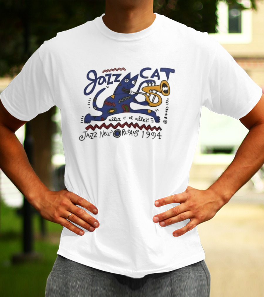 Jazz Cat New Orleans 1994 Cartoon Cat Playing Saxophone T-Shirt