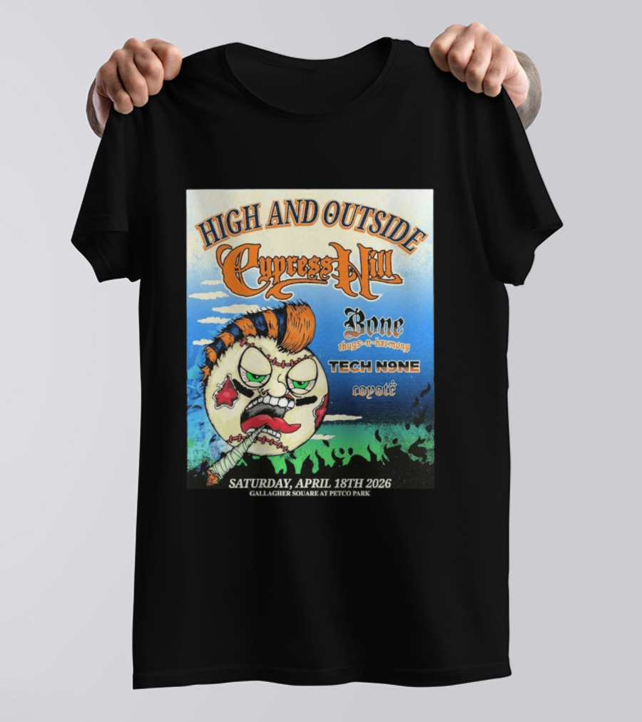 High And Outside Cypress Hill Bone Thugs N Harmony Tech N9ne Coyote Gallagher Square Petco Park April 18 2026 T-Shirt