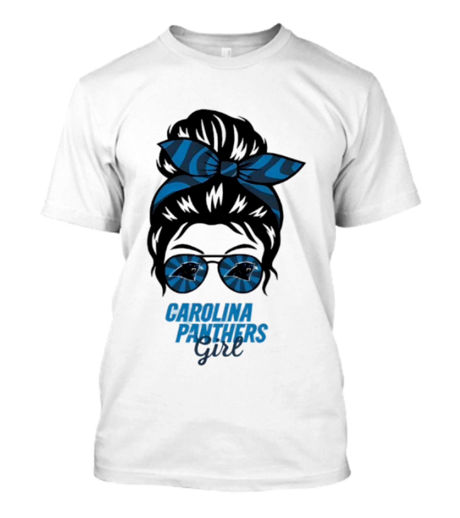 Carolina Panthers Girl Messy Bun Glasses Blue Bow Fan T-Shirt