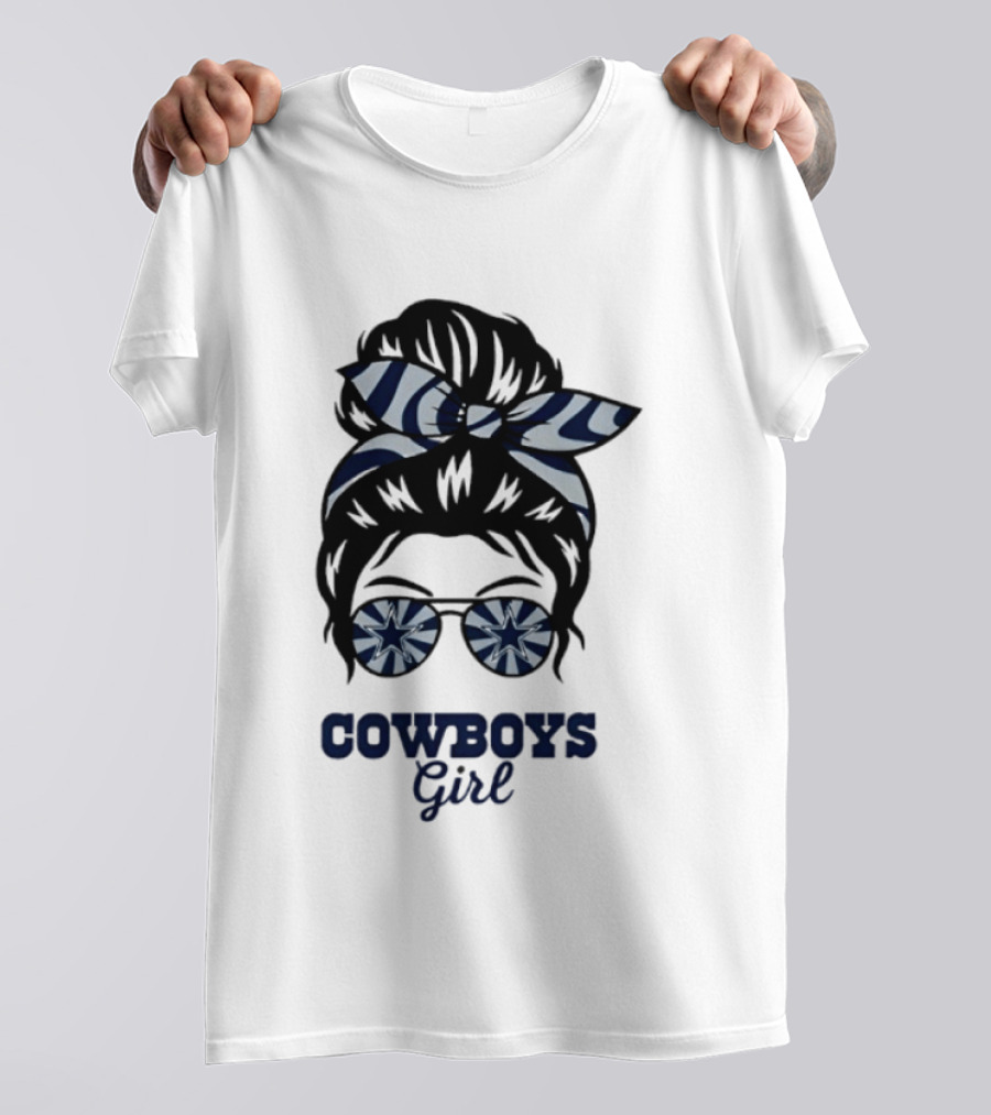Dallas Cowboys Girl Messy Bun With Glasses And Star T-Shirt