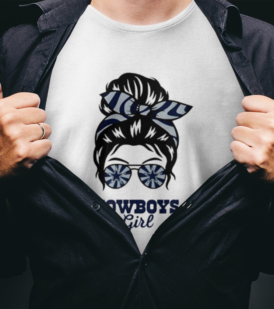 Dallas Cowboys Girl Messy Bun With Glasses And Star T-Shirt