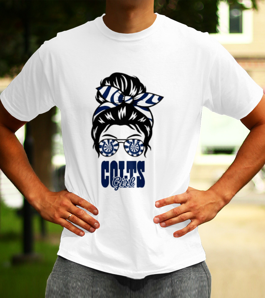 Indianapolis Colts Fan Messy Bun Glasses T-Shirt