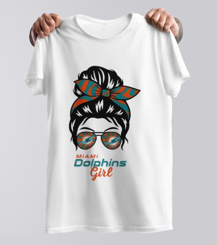 Miami Dolphins Girl Messy Bun Glasses Bow Fan Merchandise T-Shirt