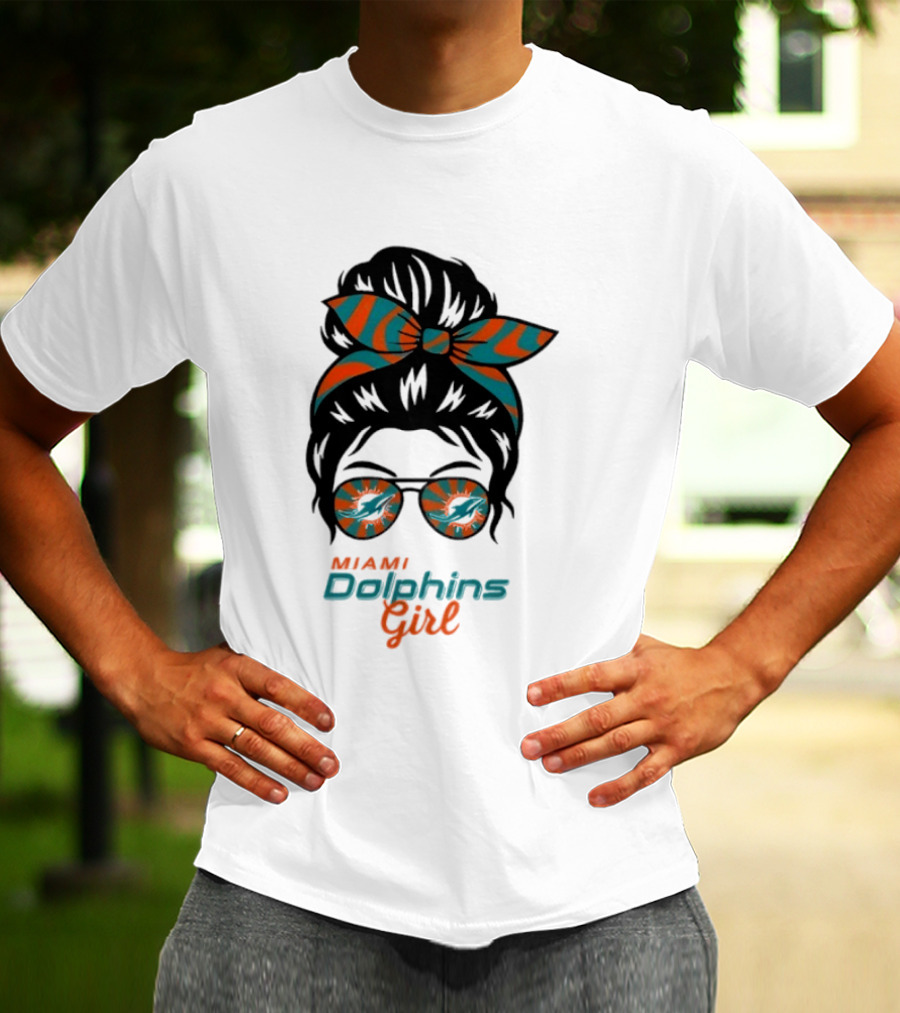 Miami Dolphins Girl Messy Bun Glasses Bow Fan Merchandise T-Shirt