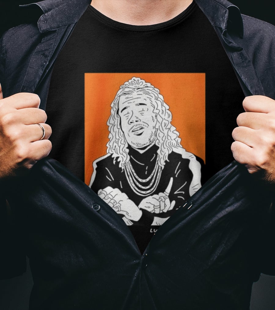 Luke McGarry Cartoon Character With Long Hair And Chains On Orange T-Shirt