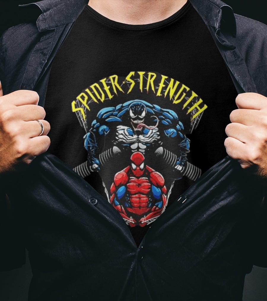Spider Strength Venom And Spider Man Lifting Weights Fitness Motivation T-Shirt