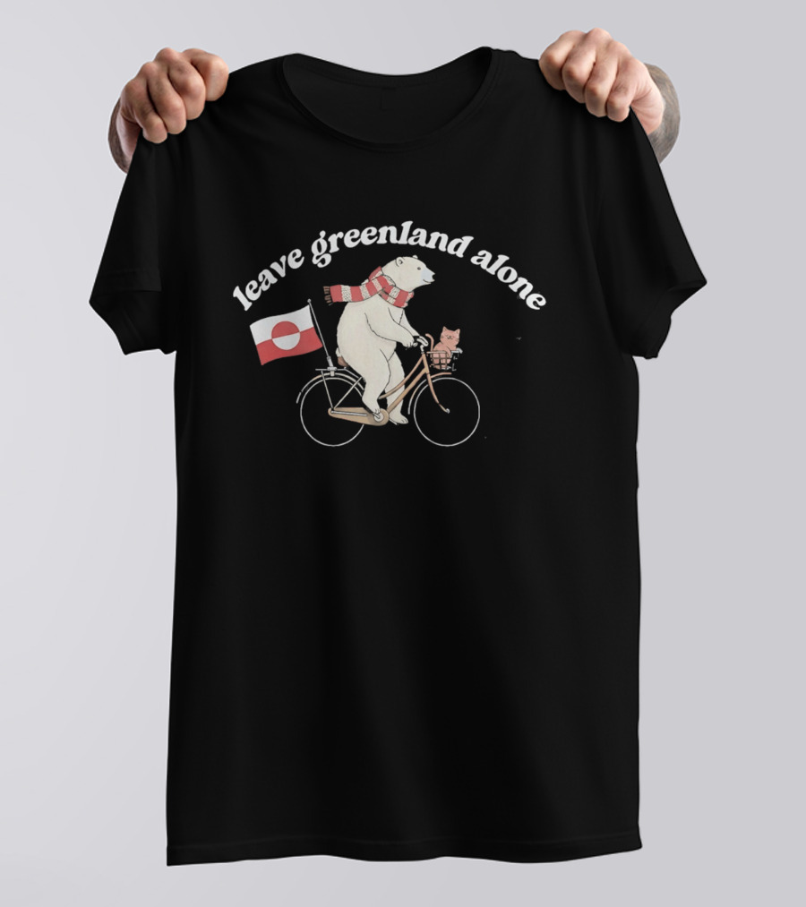 Leave Greenland Alone Bear On Bicycle With Greenland Flag And Scarf T-Shirt