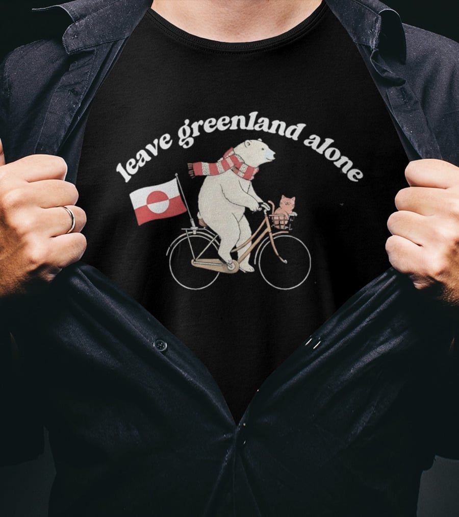 Leave Greenland Alone Bear On Bicycle With Greenland Flag And Scarf T-Shirt