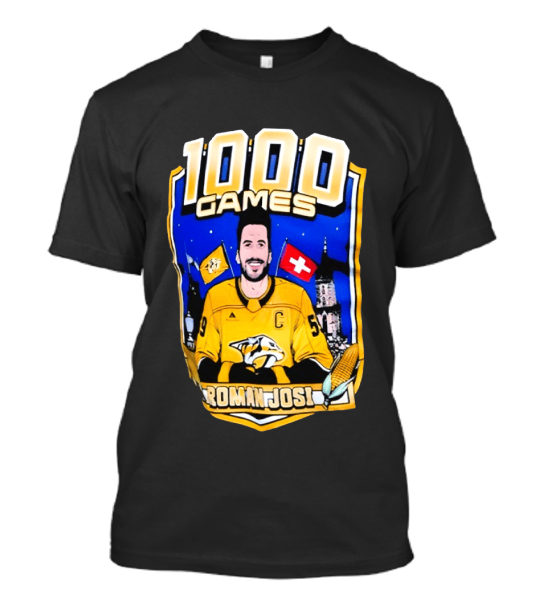 Nashville Predators Roman Josi 1000 Games Celebration NHL Captain Swiss Flag T-Shirt