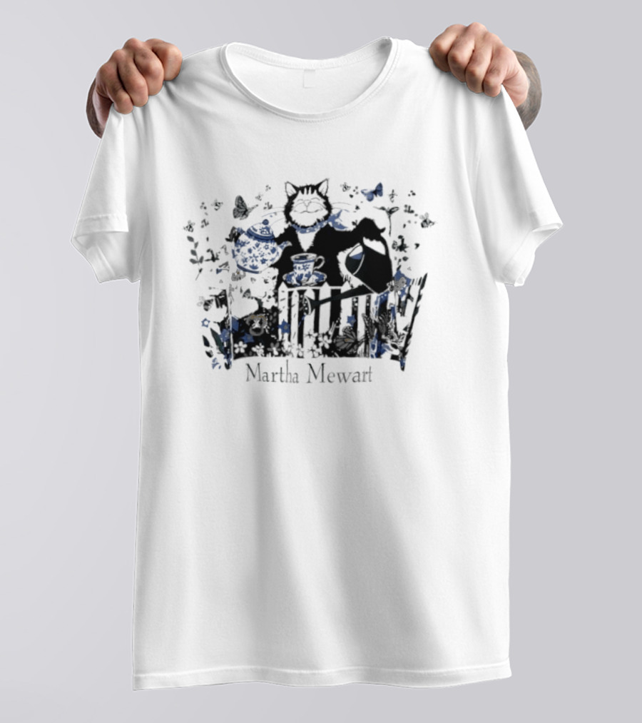 Martha Mewart Cat Gardening Teapot Watering Can Butterfly Flowers T-Shirt