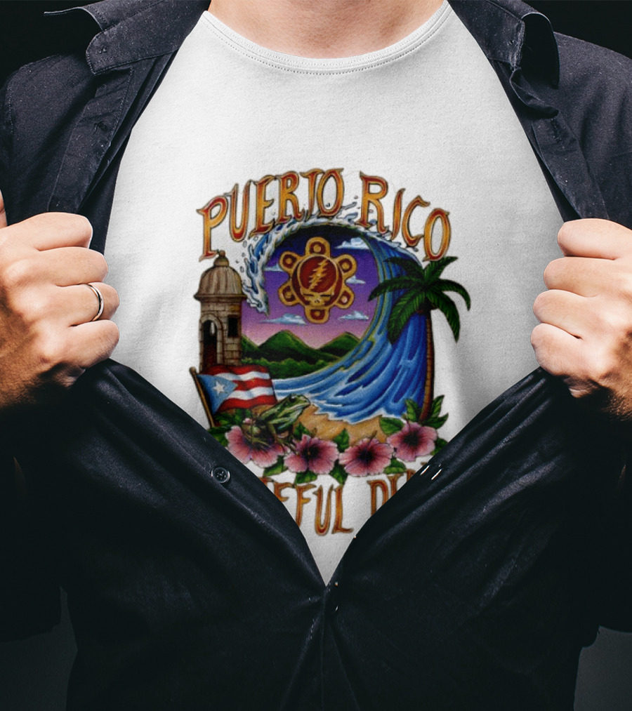 Puerto Rico Grateful Dead Tropical Wave With Hibiscus And Flag T-Shirt