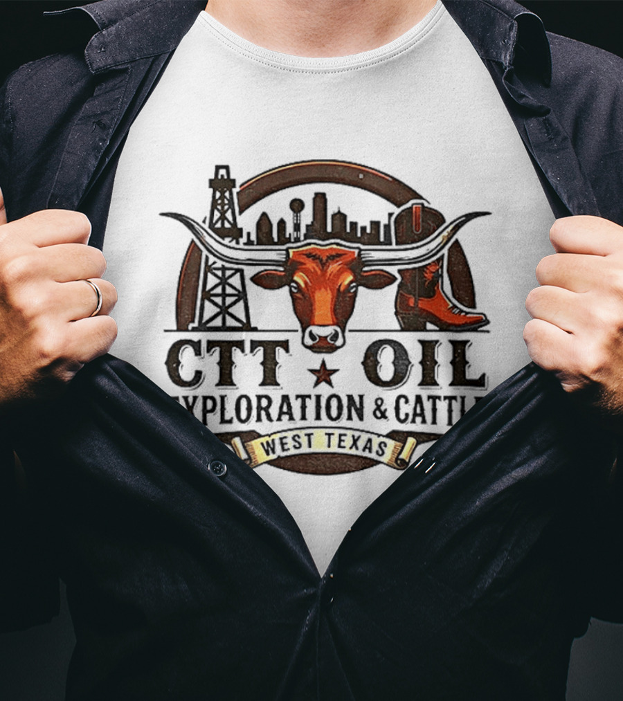 West Texas Longhorns CTT Oil Exploration And Cattle Skyline And Boot T-Shirt