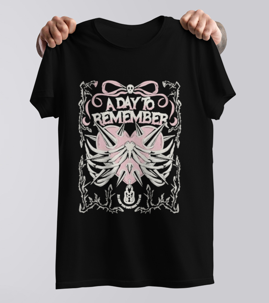 A Day To Remember Spiked Heart Pink Bow Skull Ribcage T-Shirt