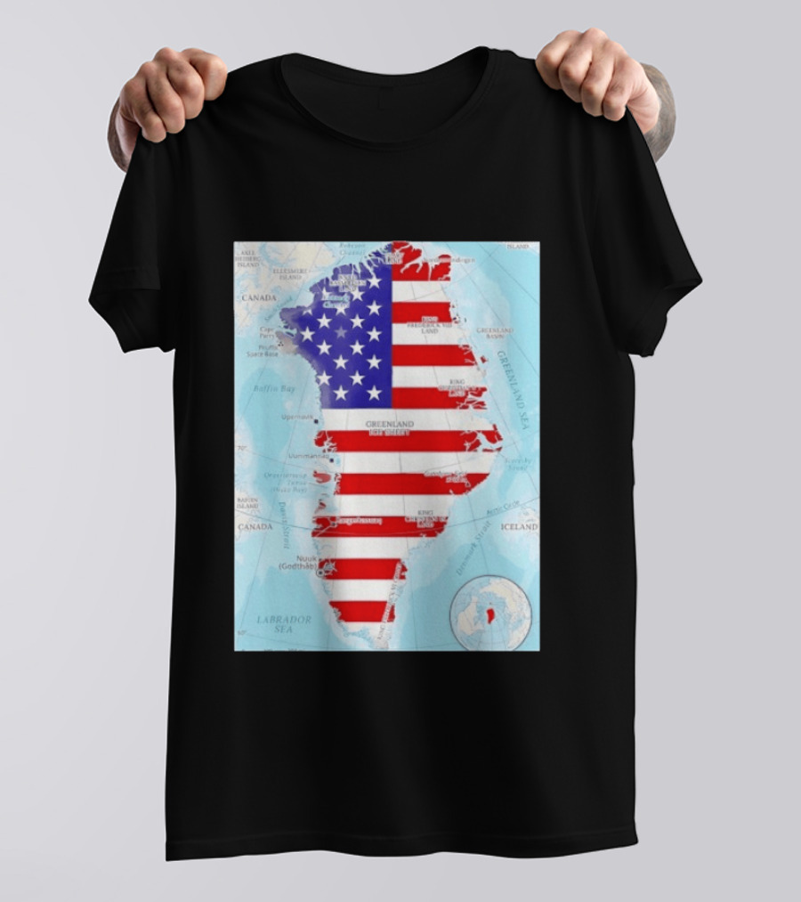USA Flag Over Greenland Map American Patriot T-Shirt