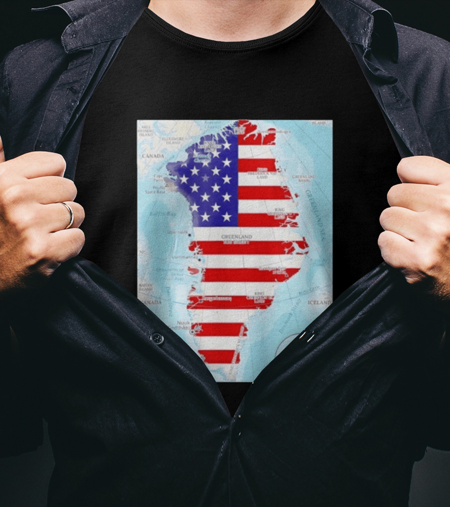 USA Flag Over Greenland Map American Patriot T-Shirt