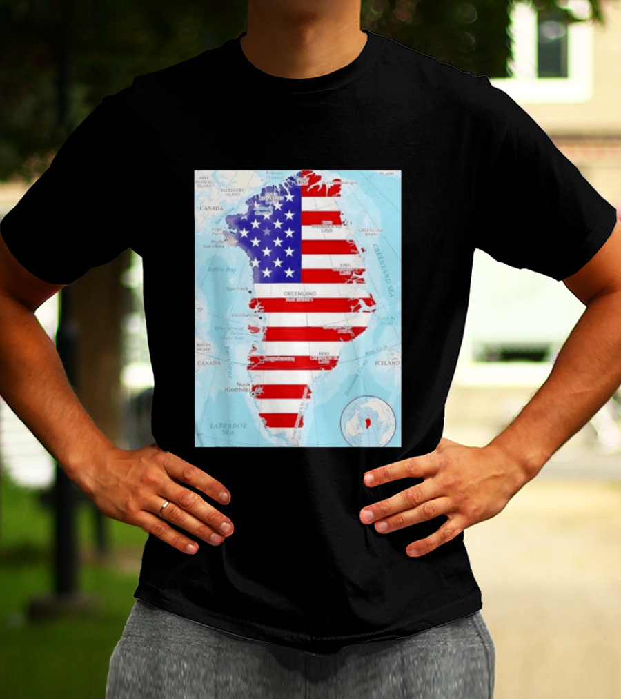 USA Flag Over Greenland Map American Patriot T-Shirt