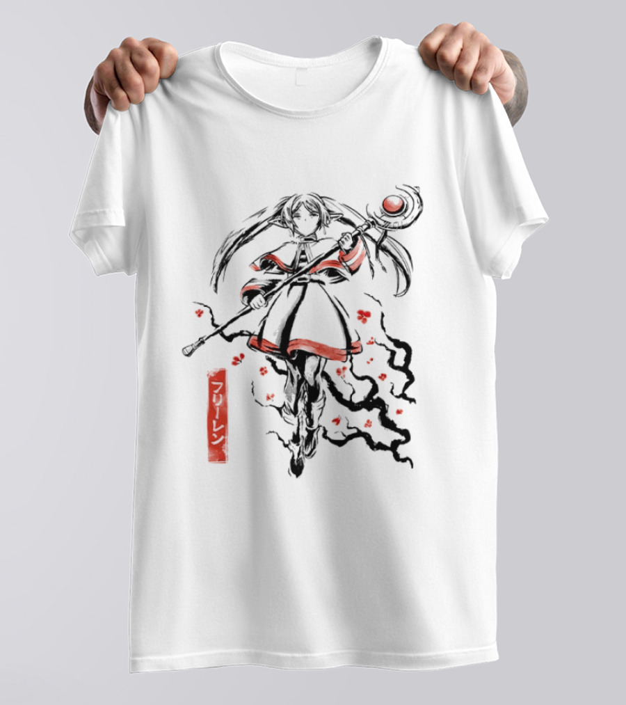 Frieren Beyond Journey's End The Eternal Mage Sumi E Style Magic Staff Blossoms T-Shirt