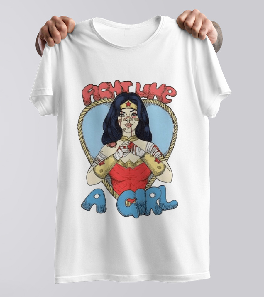 Wonder Woman Fight Like A Girl Cartoon Heart Rope Border T-Shirt