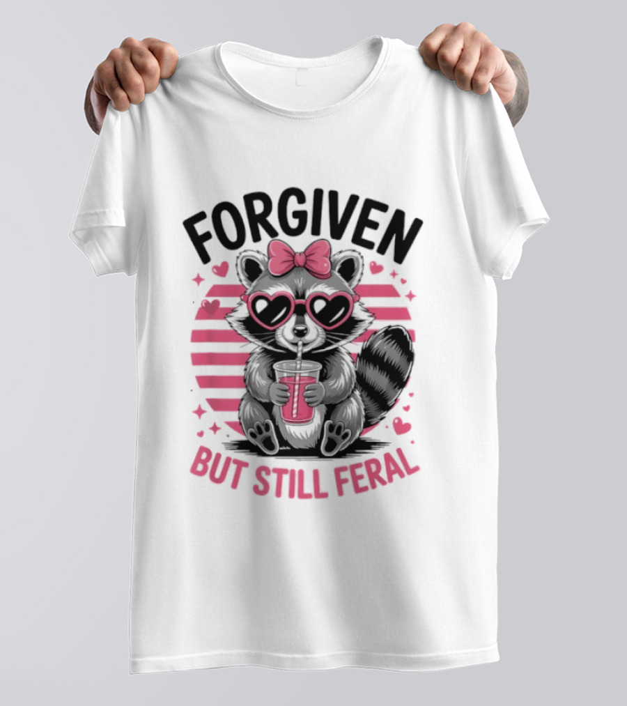 Forgiven But Still Feral Raccoon With Heart Glasses And Bow T-Shirt