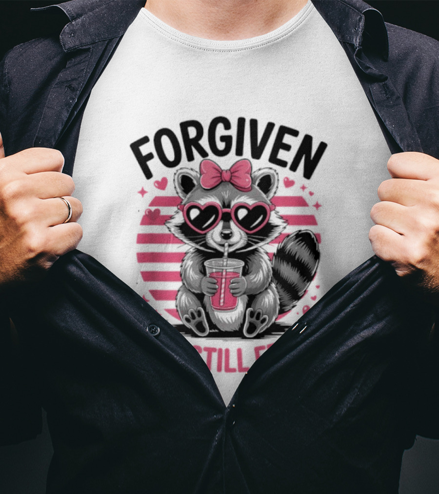 Forgiven But Still Feral Raccoon With Heart Glasses And Bow T-Shirt
