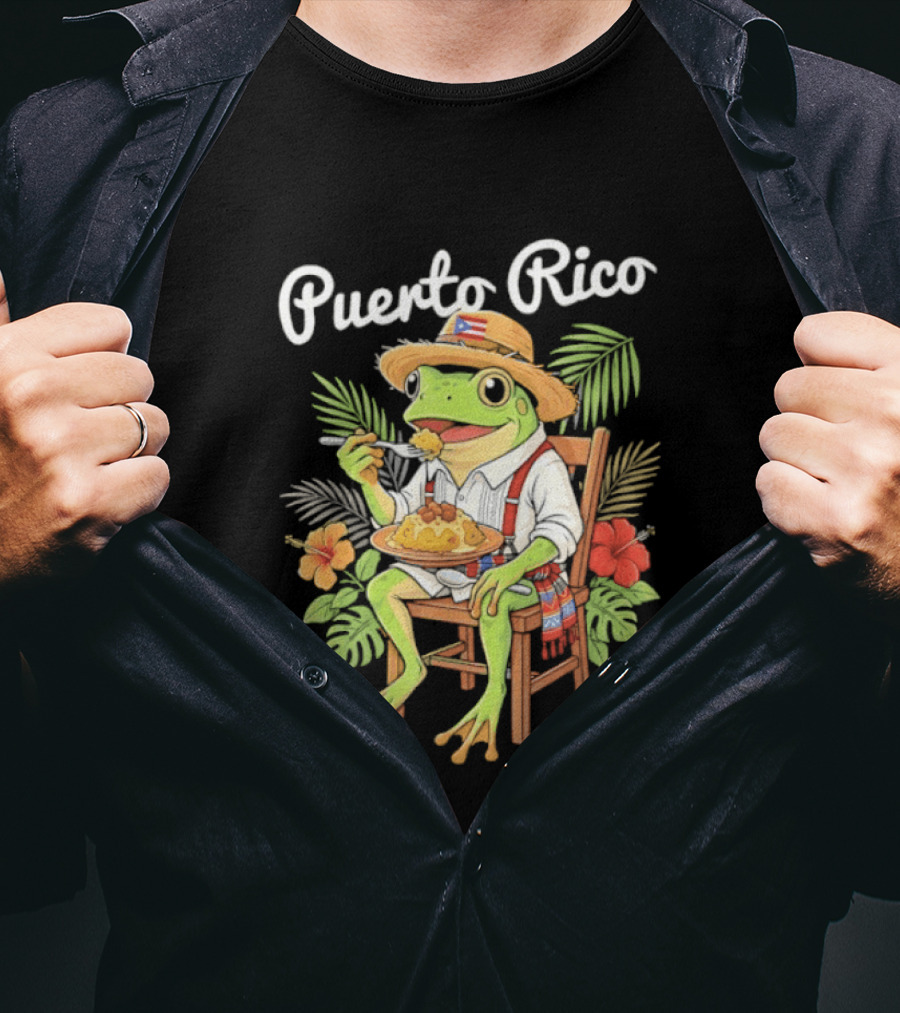 Puerto Rico Coqui Frog Eating Mofongo Taino Boricua Flag Hispanic T-Shirt