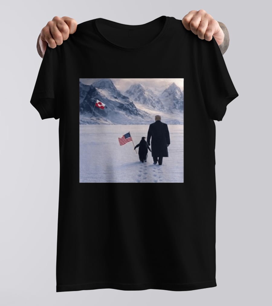 Nihilist Penguin Walking With Trump Antarctica American Flag Greenland Flag T-Shirt