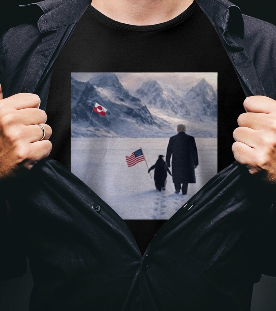 Nihilist Penguin Walking With Trump Antarctica American Flag Greenland Flag T-Shirt
