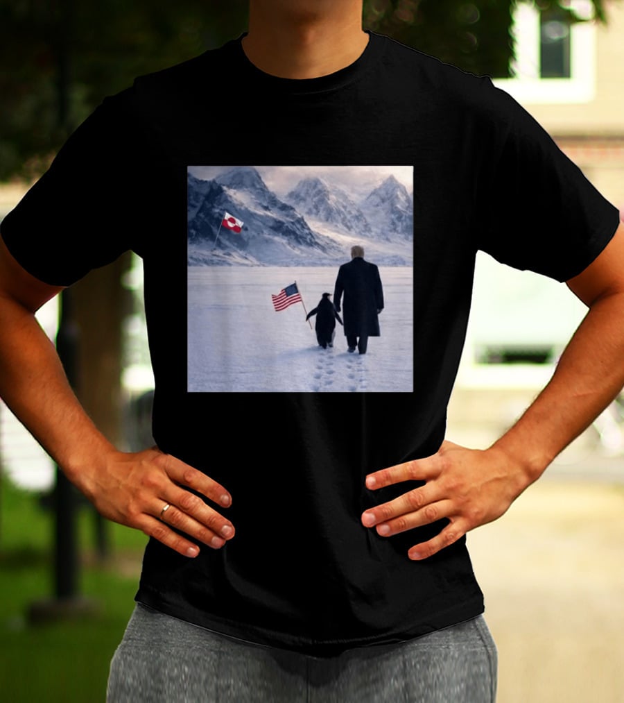 Nihilist Penguin Walking With Trump Antarctica American Flag Greenland Flag T-Shirt