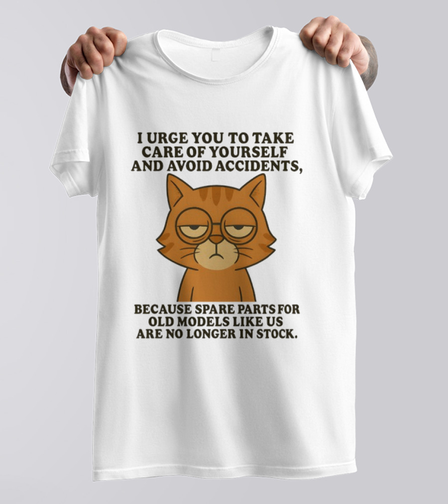 Sad Orange Cat I Urge You To Take Care Of Yourself And Avoid Accidents Spare Parts For Old Models No Longer In Stock T-Shirt