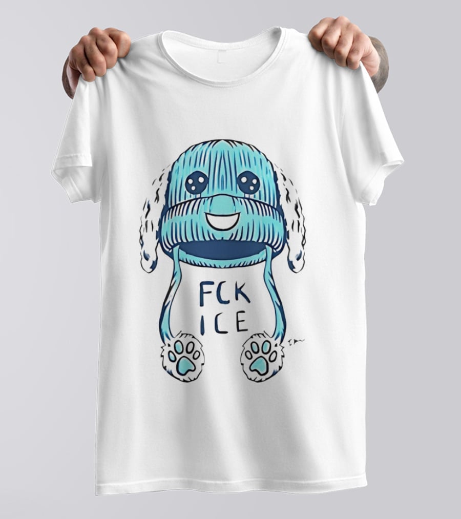 FCK ICE Blue Winter Hat Cartoon With Paw Prints T-Shirt