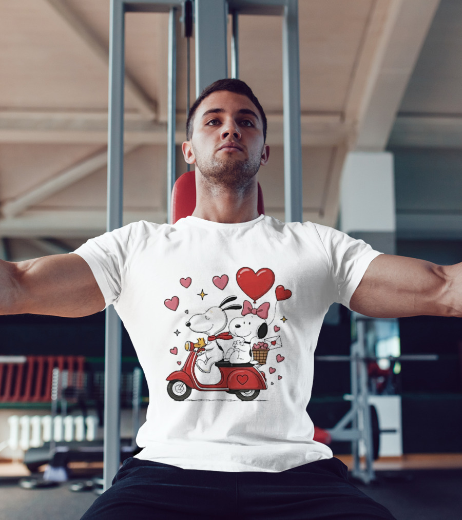 Valentines Day Snoopy Couple Riding Scooter With Hearts And Balloons T-Shirt