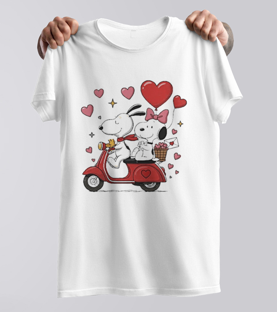 Valentines Day Snoopy Couple Riding Scooter With Hearts And Balloons T-Shirt