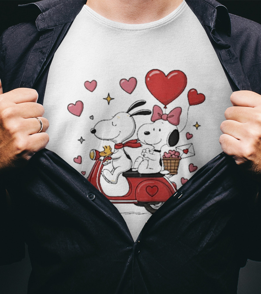 Valentines Day Snoopy Couple Riding Scooter With Hearts And Balloons T-Shirt