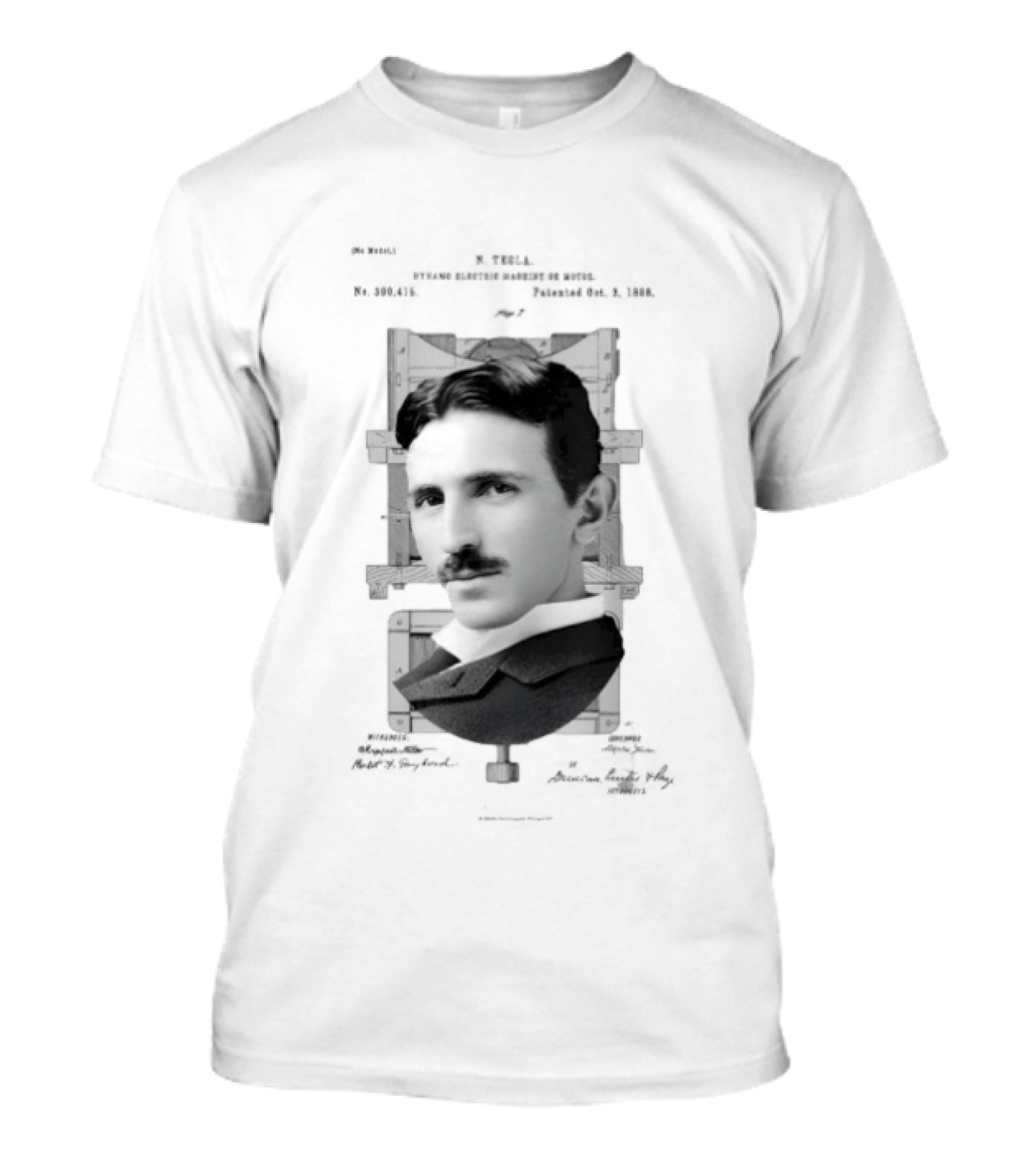 Nikola Tesla Portrait Over Electrical Apparatus Patent Design Image T-Shirt