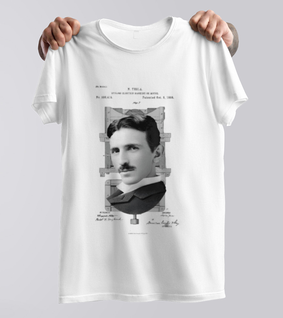 Nikola Tesla Portrait Over Electrical Apparatus Patent Design Image T-Shirt