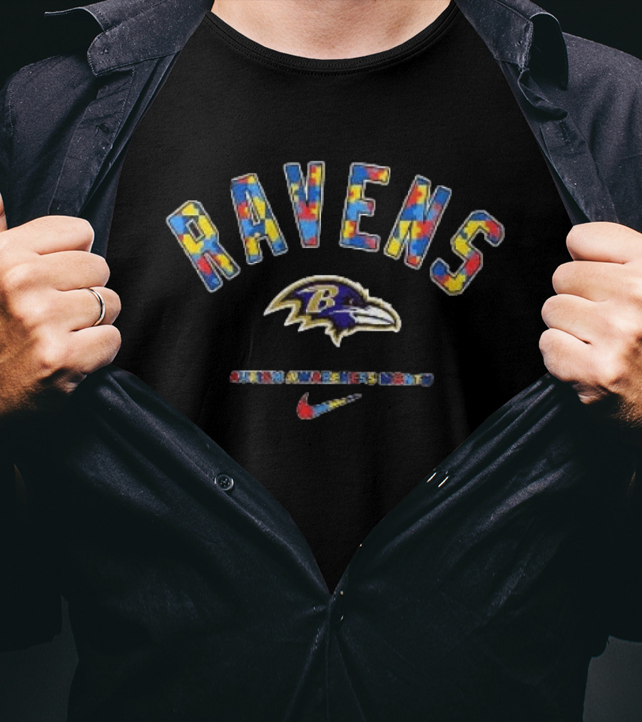 Baltimore Ravens Autism Awareness Month Puzzle Pattern Ravens Bird Nike T-Shirt