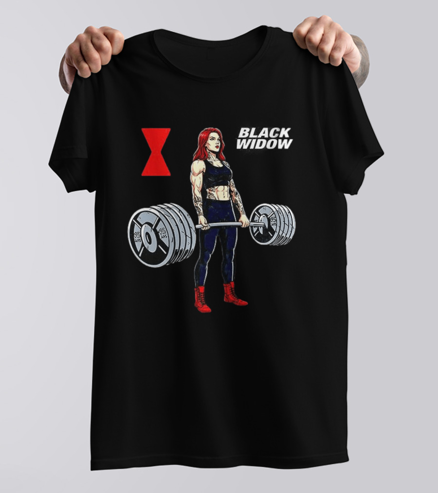 Black Widow Weightlifting Gym Workout Red Hourglass T-Shirt
