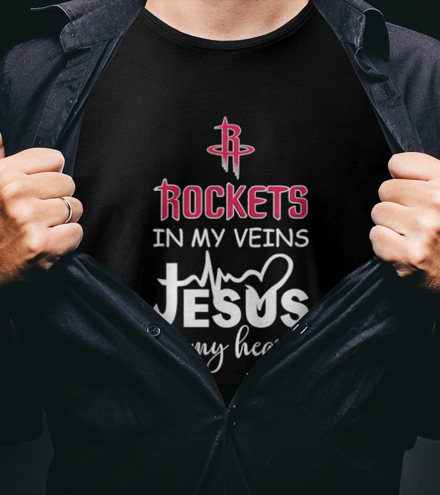 Rockets In My Veins Jesus In My Heart Houston Rockets Basketball Faith T-Shirt